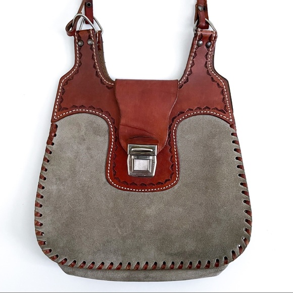 Vintage Boho Western Gray Suede Tooled Leather Crossbody - Picture 2 of 6